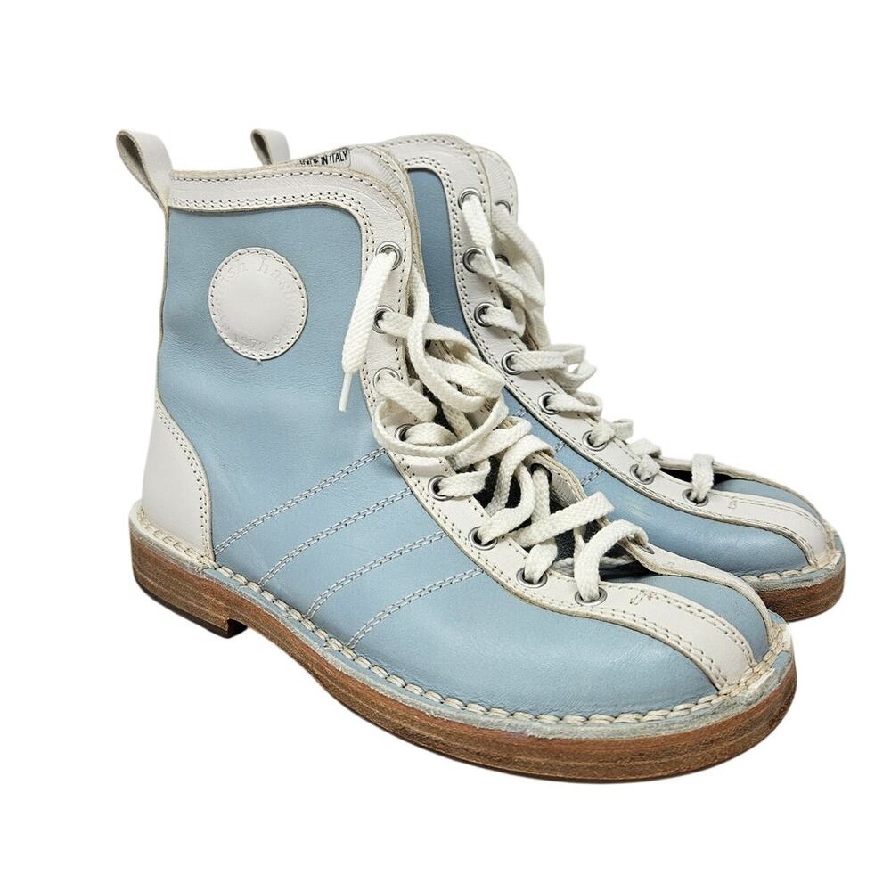 Swedish Hasbeens 37 Blue White Bowling Style Lace Up Boot Twee Leather Casual